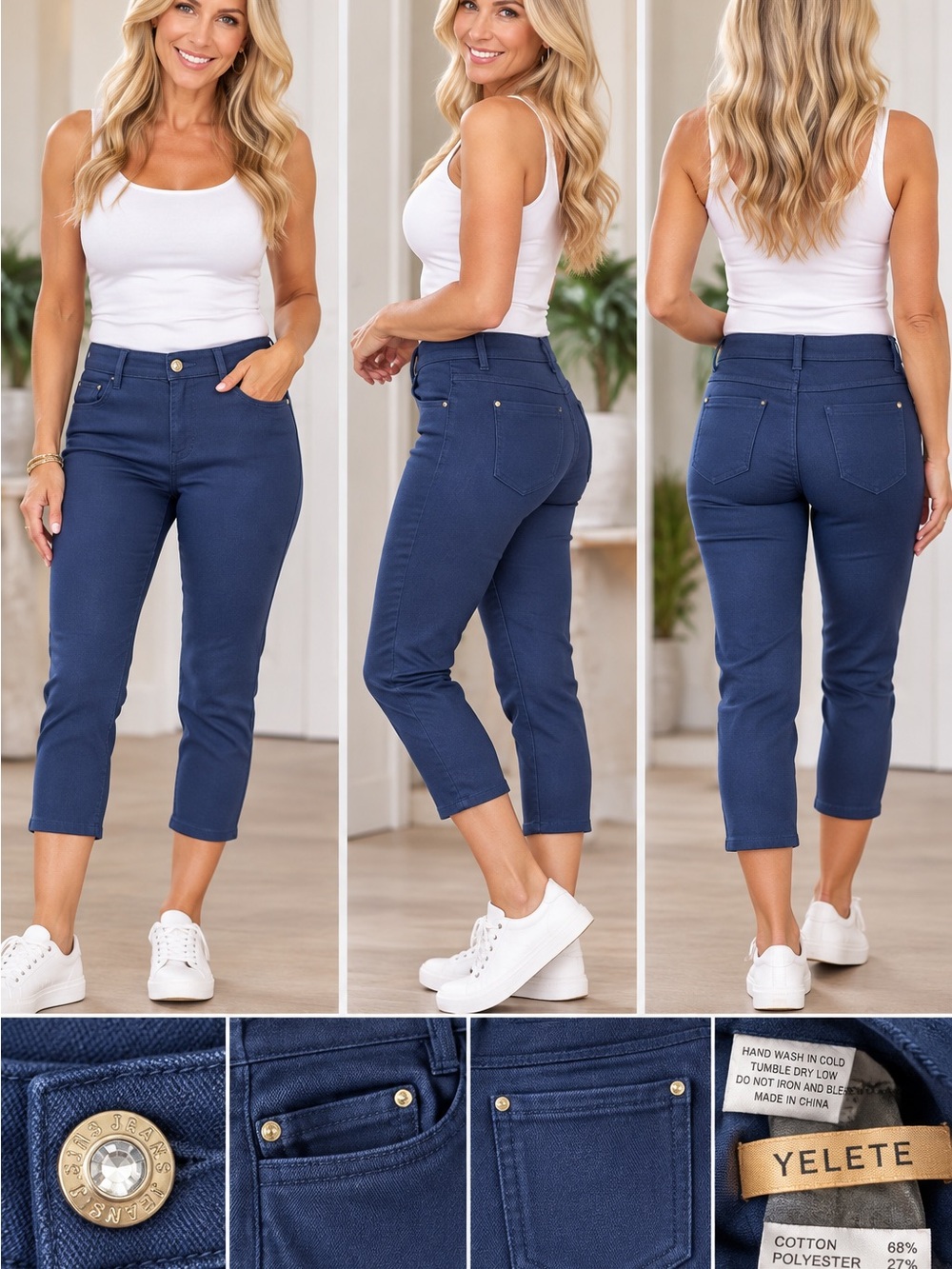 NWOT Style YELETE Navy Stretch Capri Pants Size Small